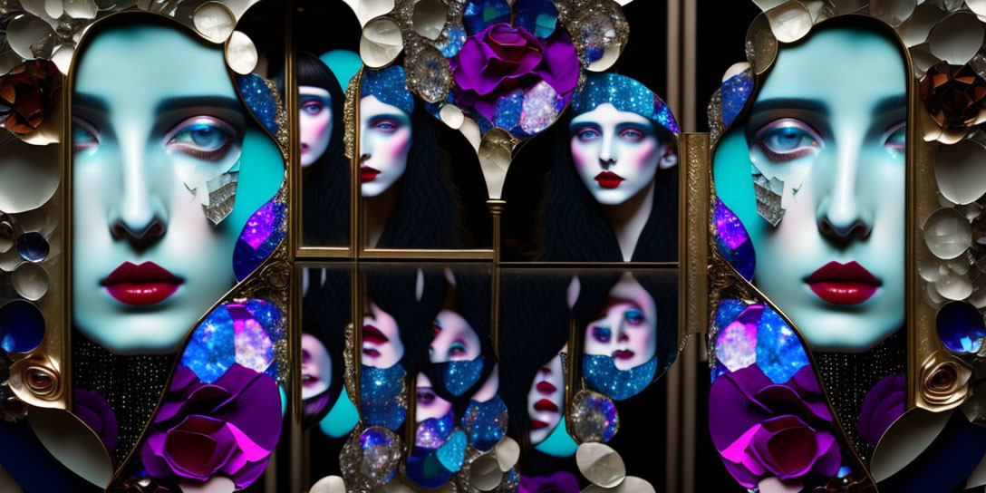 Surreal collage of woman's face with makeup, floral, and gemstone elements