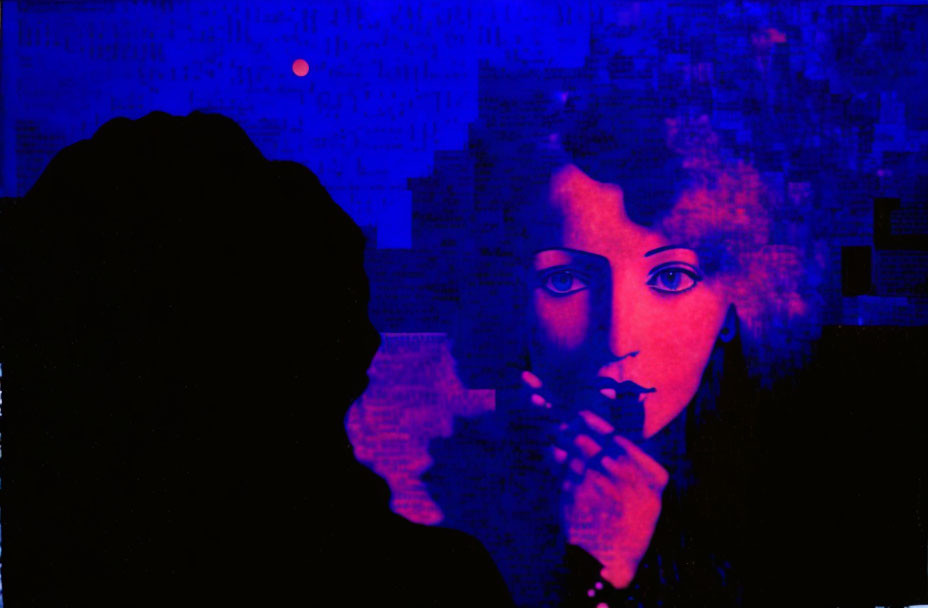 Profile silhouette on blue backdrop with red woman's face & overlaid text.