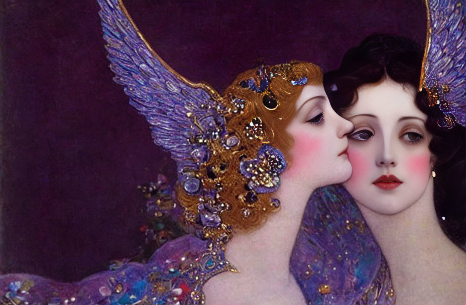 Two women with elaborate wings and headdresses in intimate pose on purple background.