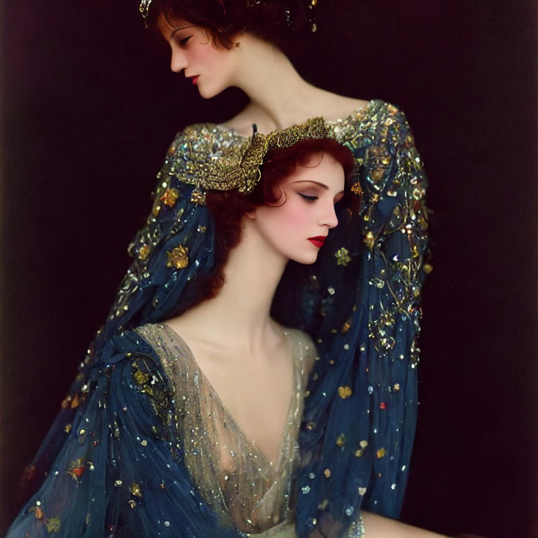 Vintage portrait of two women in elegant blue dresses with gold accents and intricate headpieces