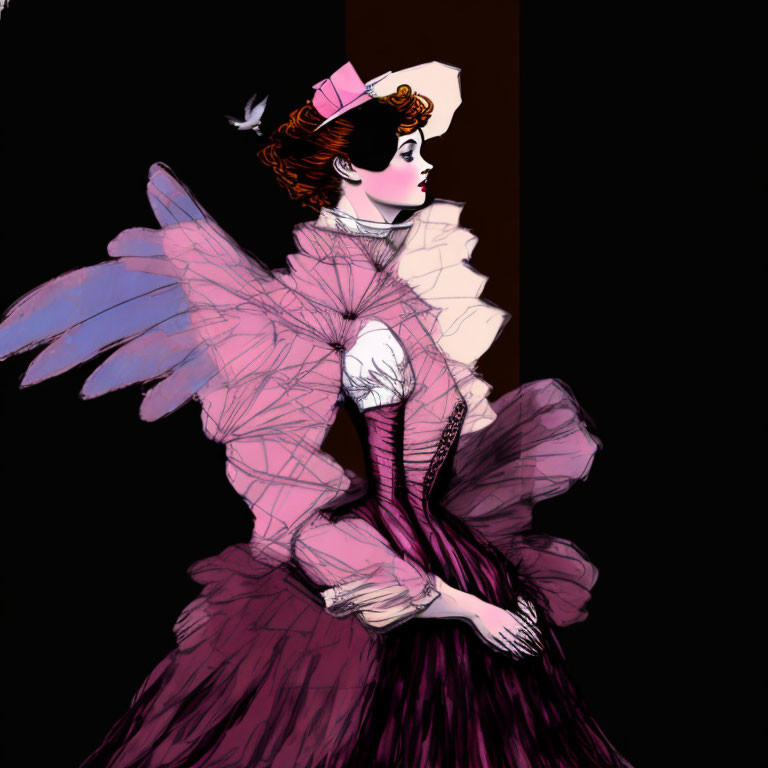 Victorian-style woman with wings in purple dress and hat, bird flying, dark background