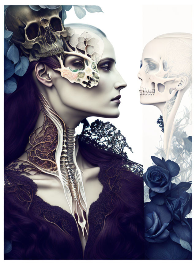 Digital artwork featuring two figures with skull motifs in contrasting forms, surrounded by floral and arboreal elements