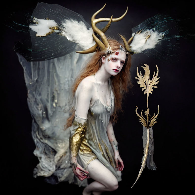 Mystical figure with antlers in white dress on dark background