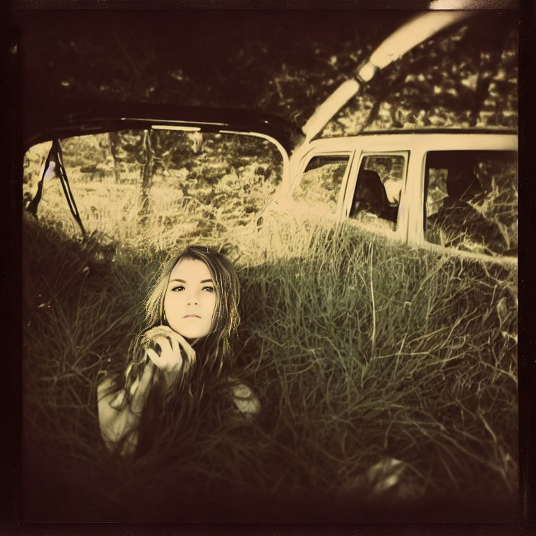 Contemplative person lying in grass with open car door in sepia-toned vintage photo