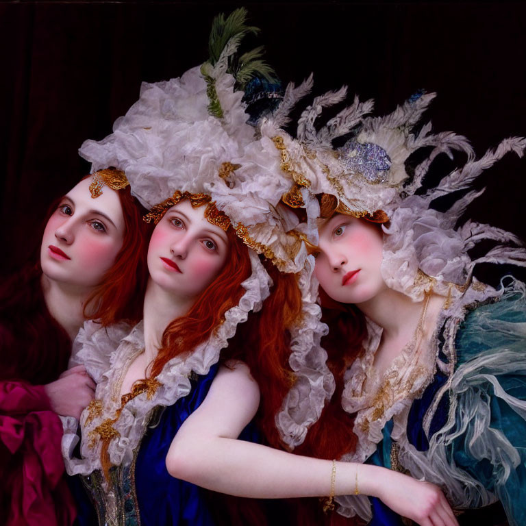 Three individuals with pale complexions and red hair in ornate white headdresses and period-style gowns