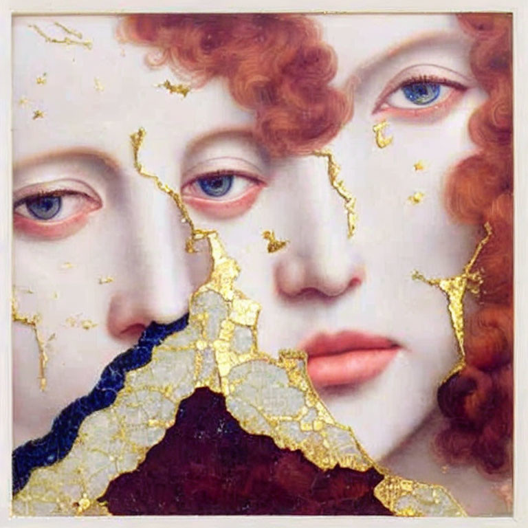 Fragmented classic portrait with red curly hair, repaired with gold kintsugi.