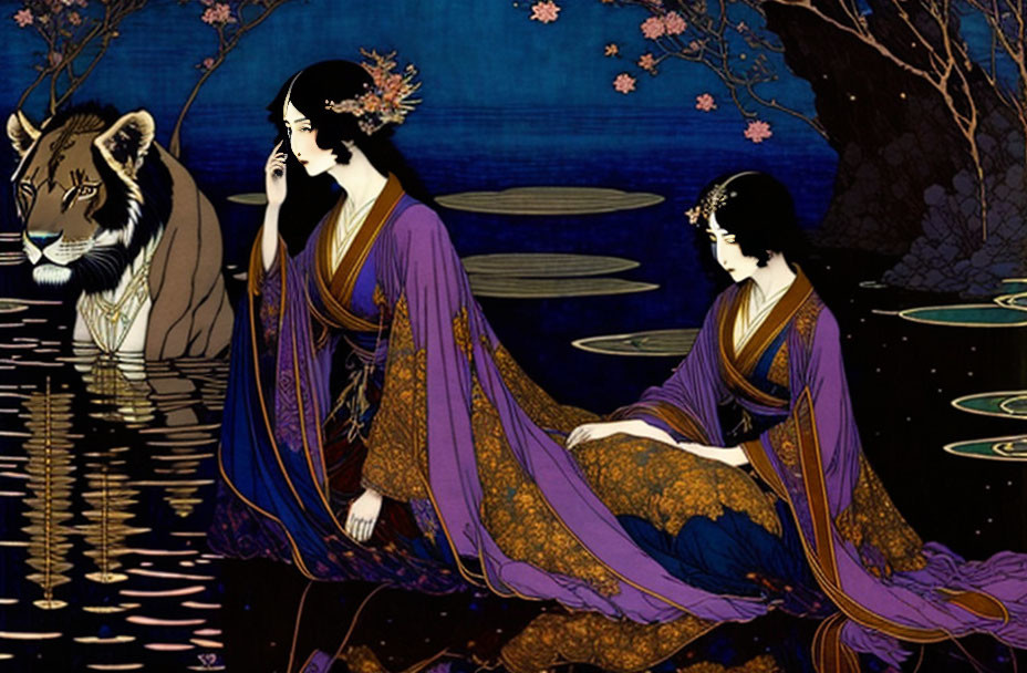 Illustration of Two Women in Purple Attire by Nighttime Pond