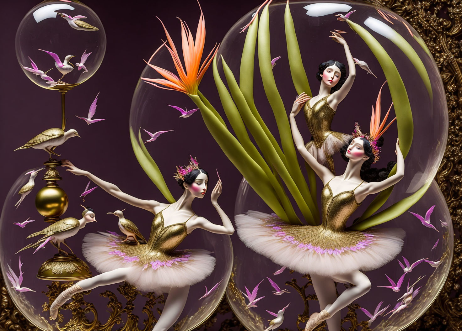 Surreal ballet dancers with elongated limbs amid golden birds and bubbles