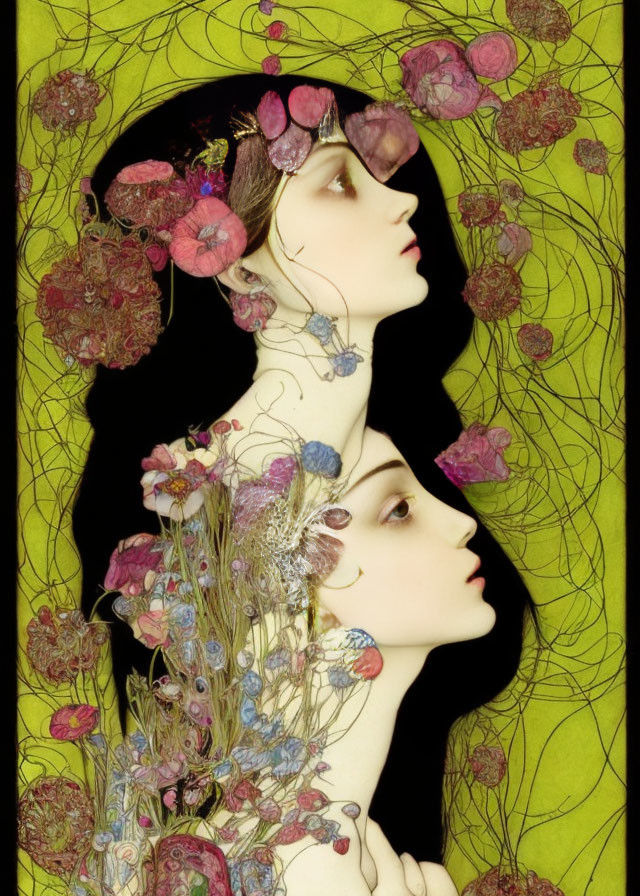 Art Nouveau style illustration of two women in floral motif