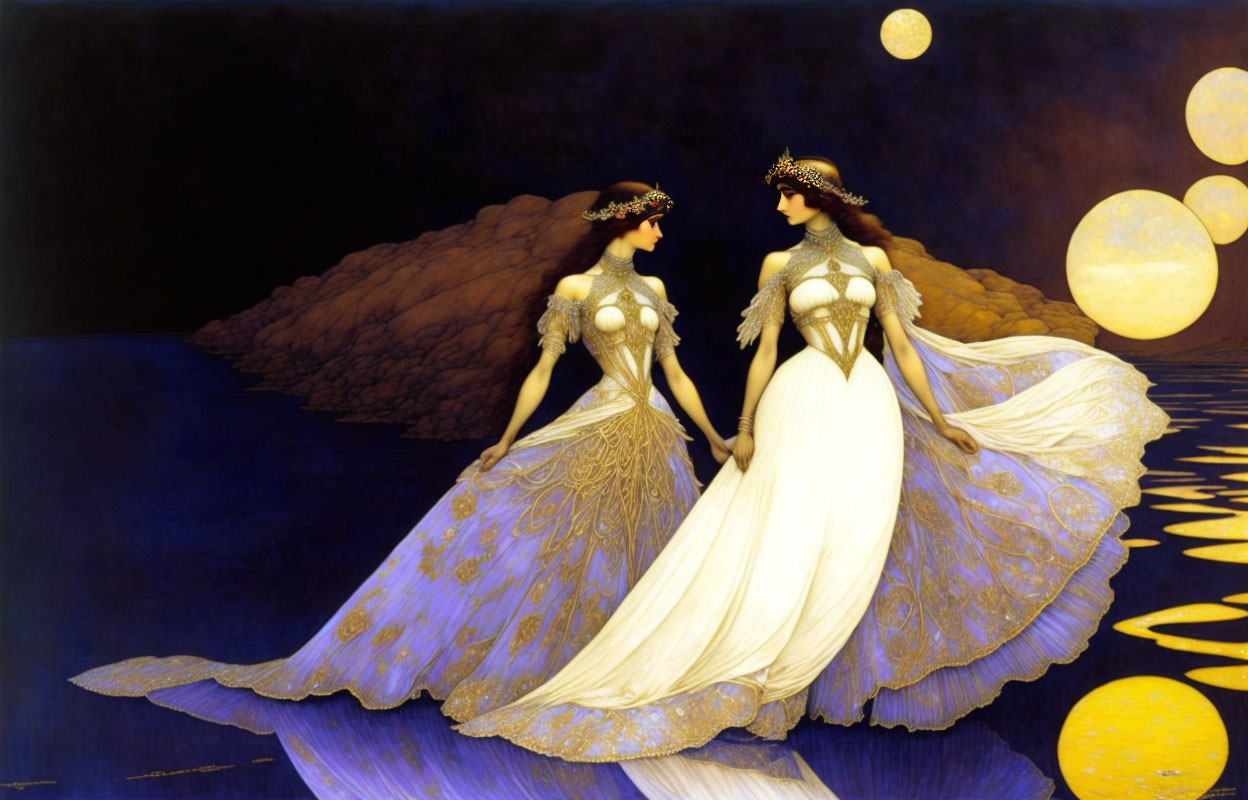 Ethereal women in flowing dresses under night sky