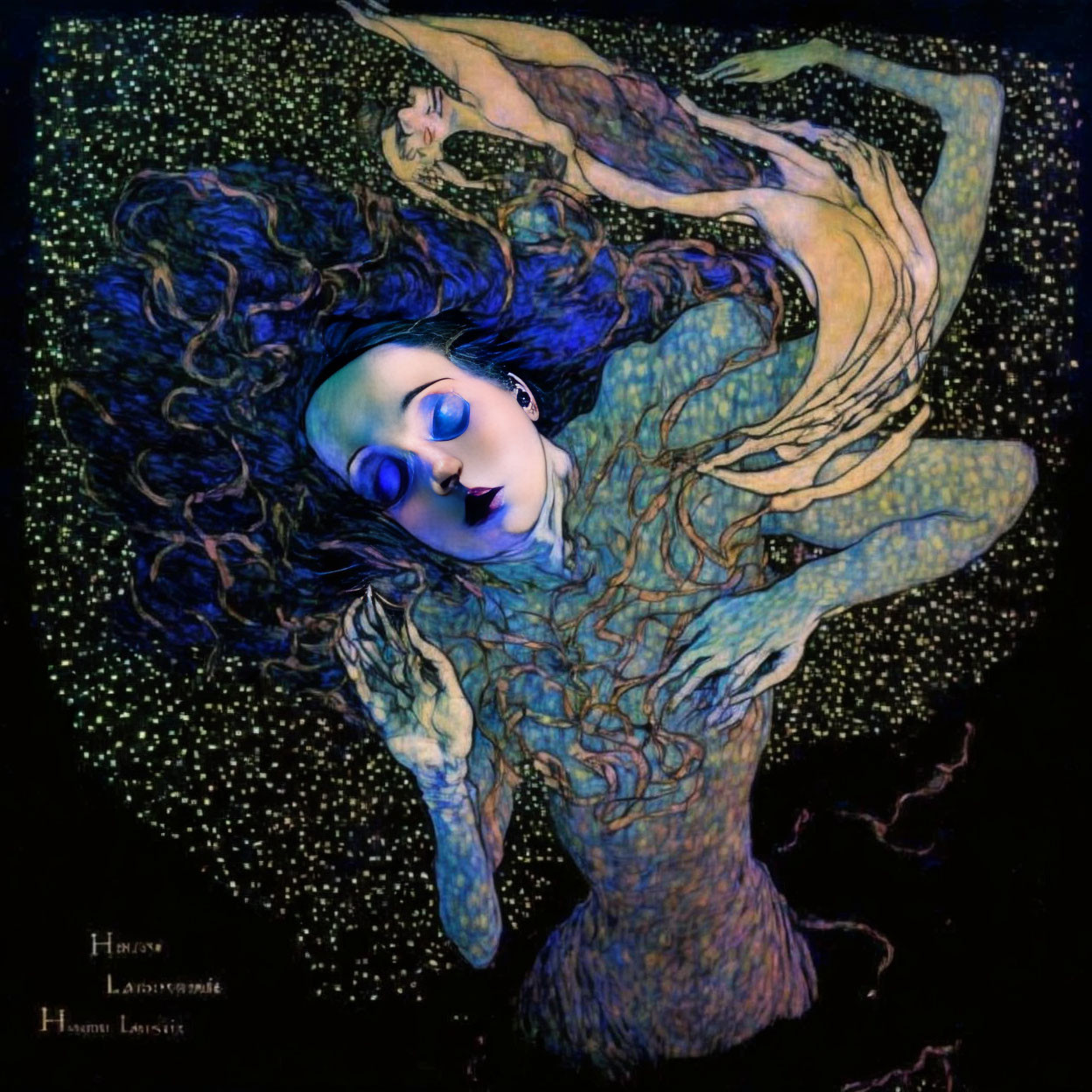 Woman with flowing hair and garment blending into starry night in Art Nouveau style