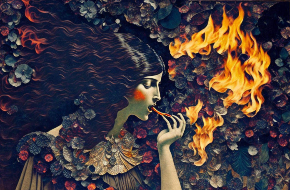 Stylized illustration of woman breathing fire with ornate details