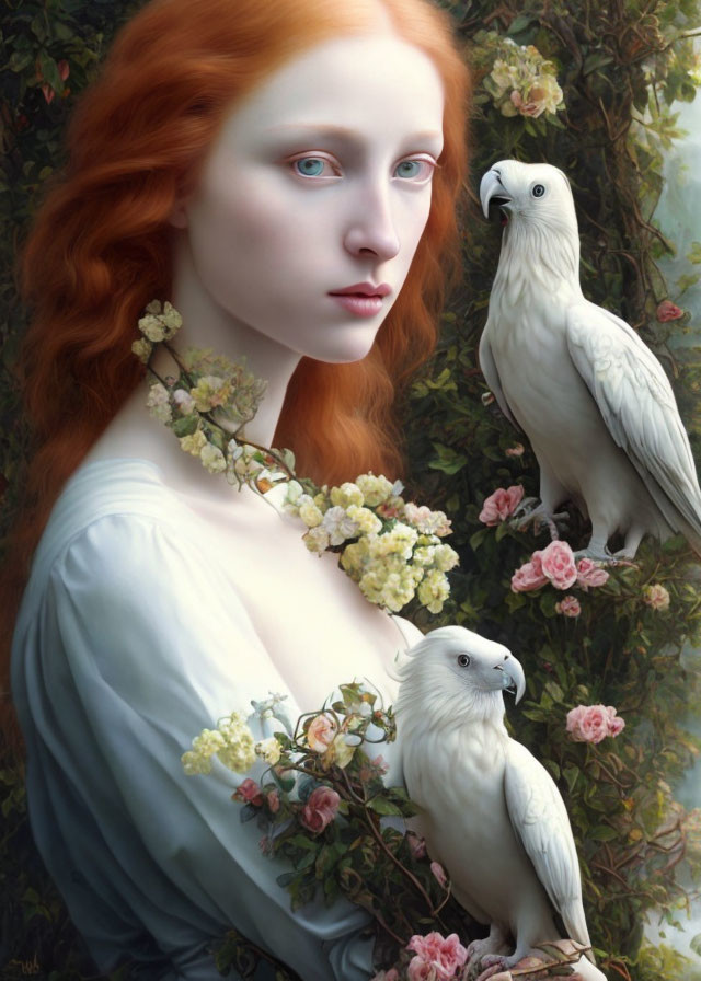 Surreal portrait of woman with red hair, blue eyes, flowers, parrots & floral backdrop