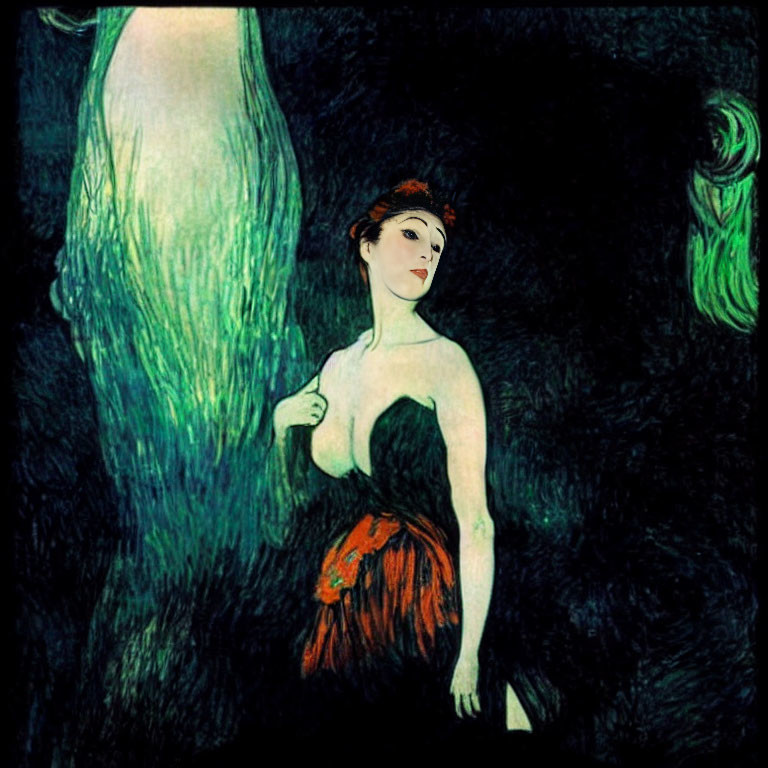 Stylized portrait of woman with pale skin and dark hair in black dress with red details