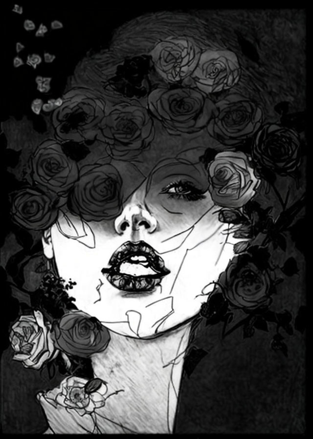 Monochrome woman with roses in hair, dark artistic style, floral motifs