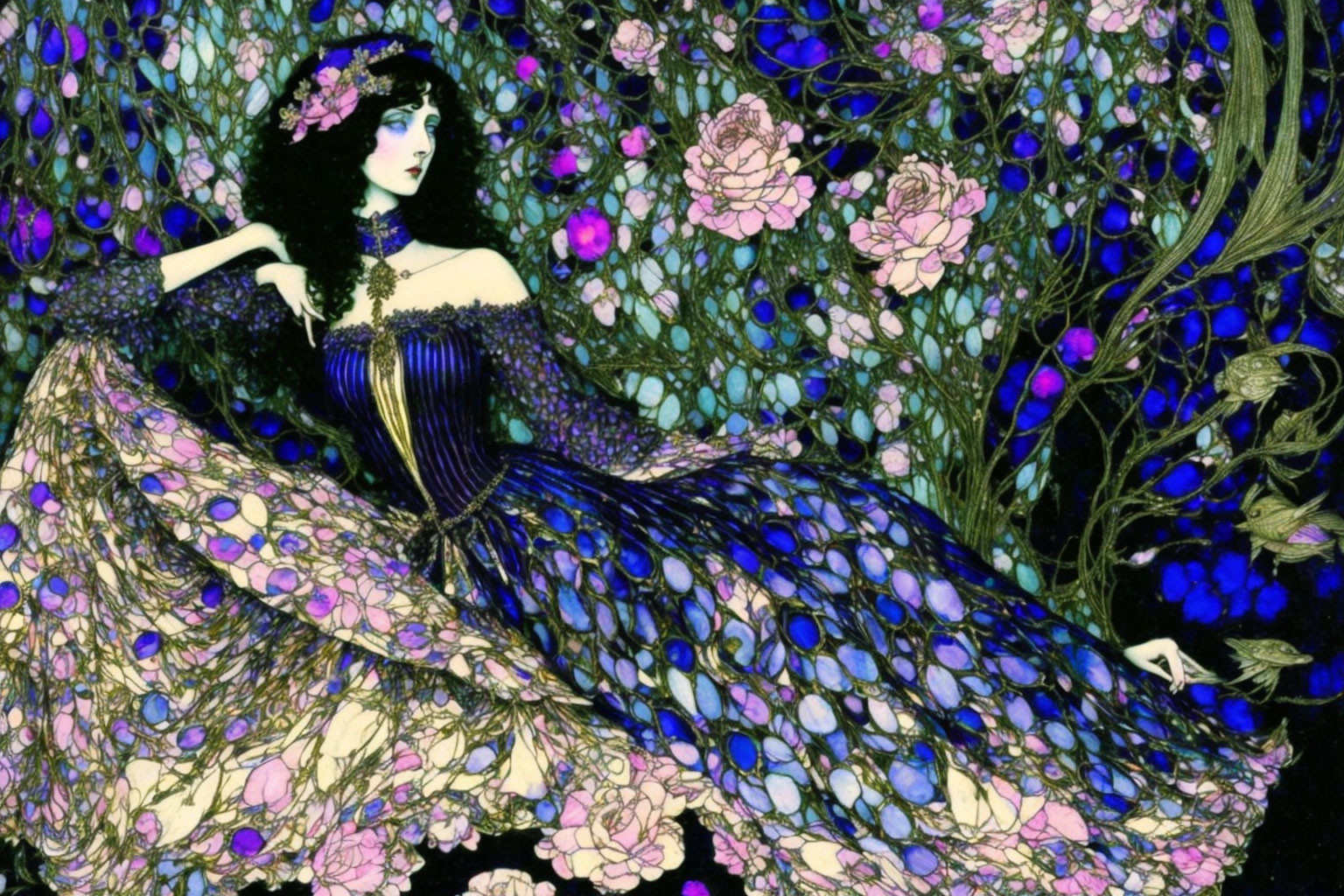 Art Nouveau style illustration of woman in peacock-patterned gown with floral elements