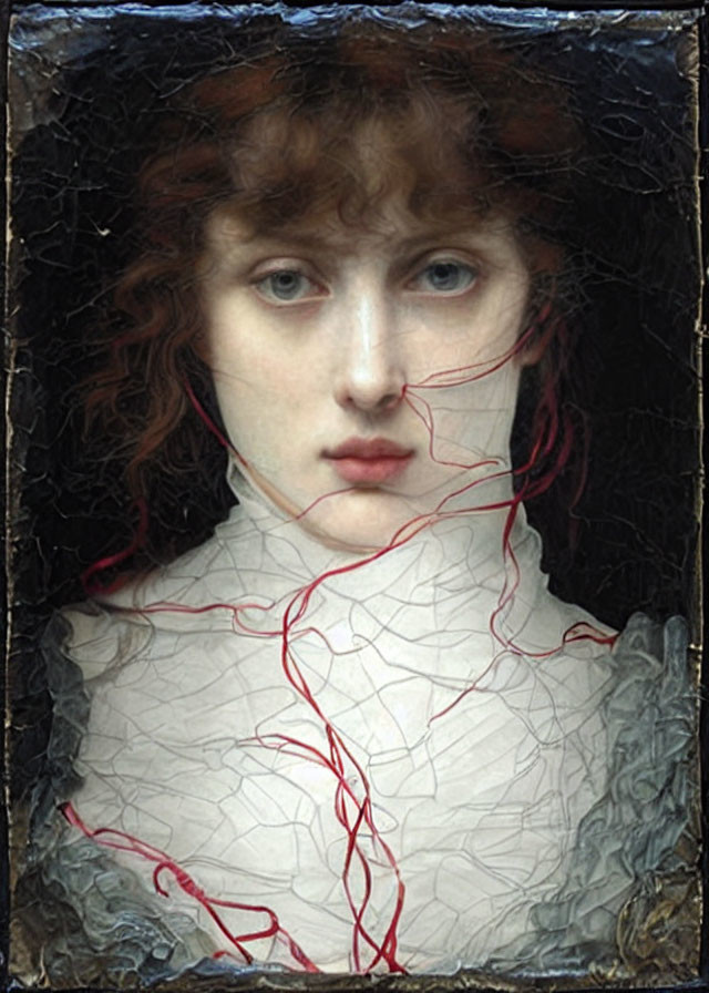 Portrait of a person with pale skin and curly hair and red threads around neck and face