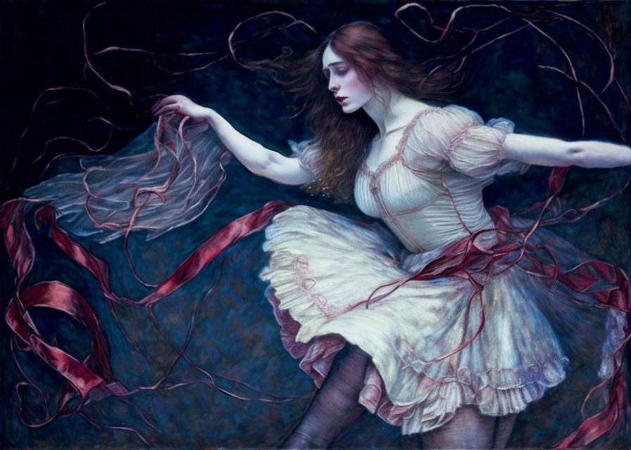 Woman with Red Hair and Dress in Ethereal Underwater Scene