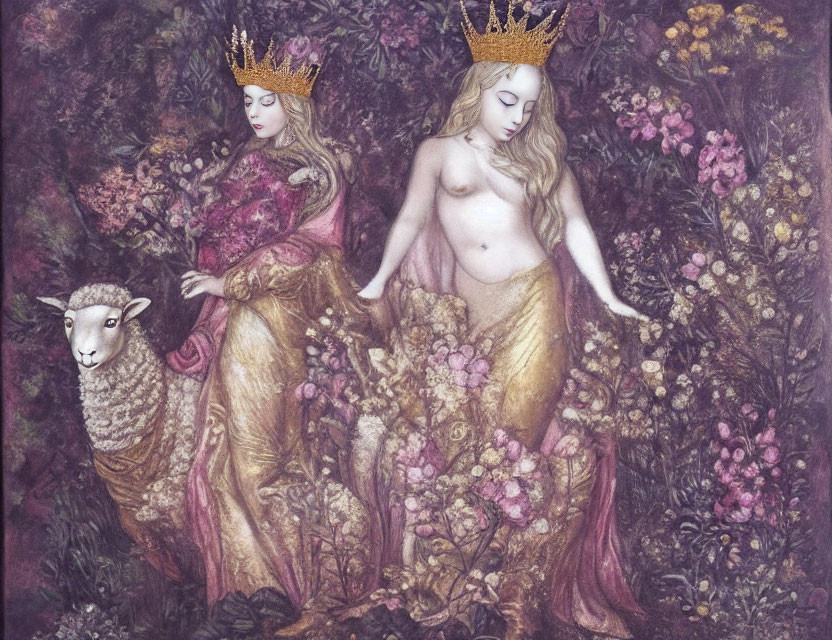 Two crowned women in ornate gowns with floral backdrop, one with a sheep, the other holding