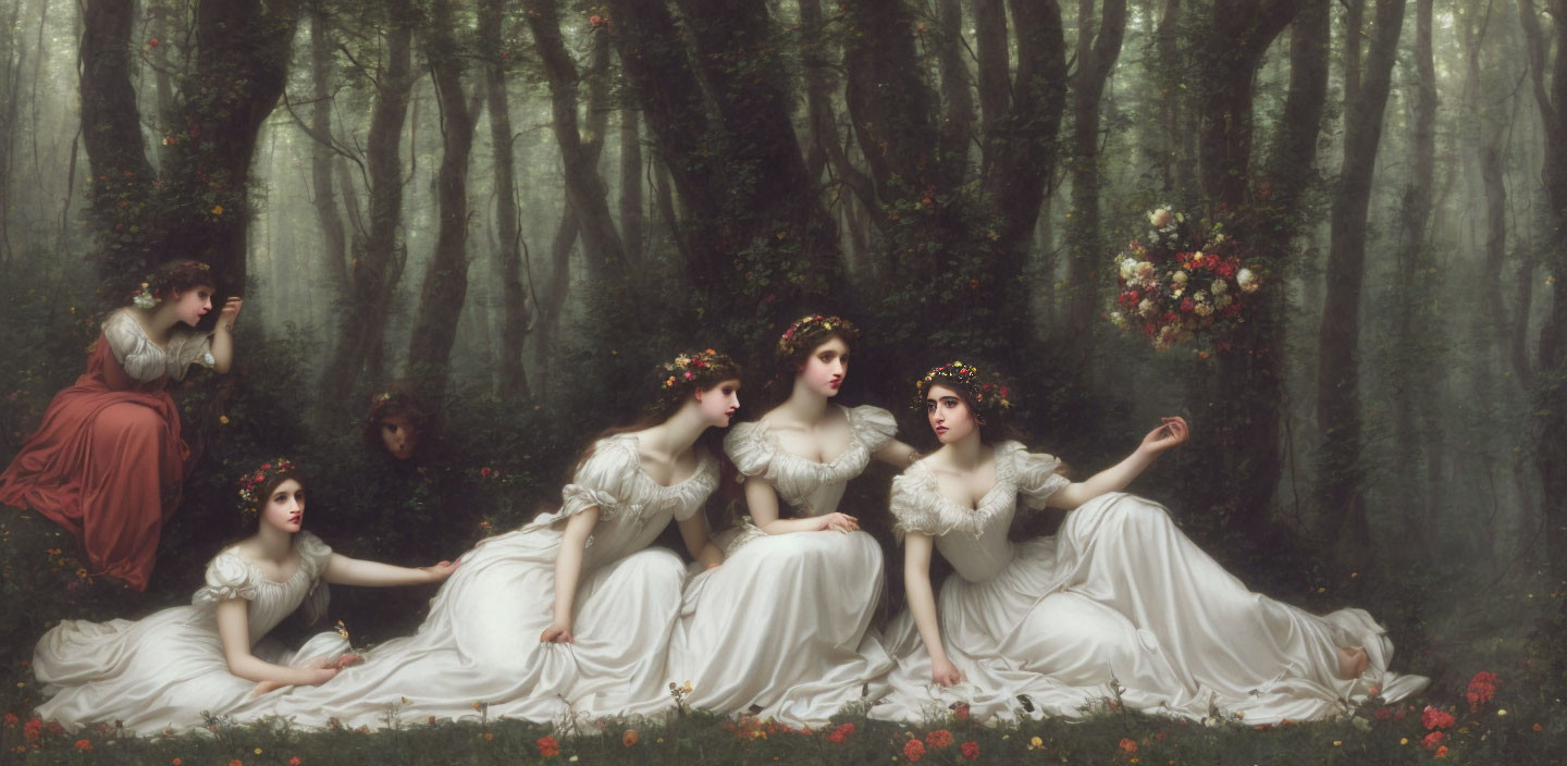 Seven ethereal women in white dresses surrounded by flowers in a mystical forest.