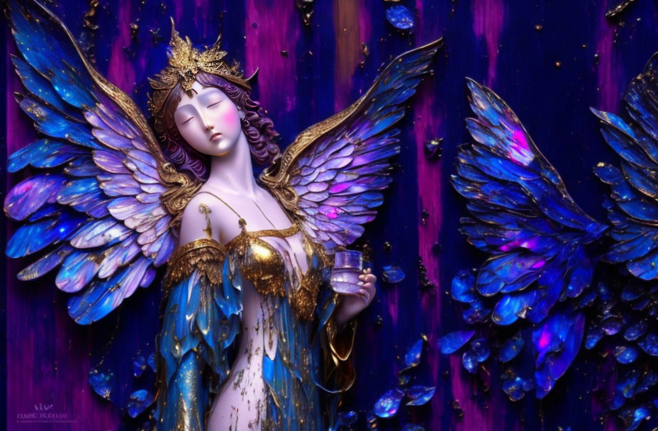 Golden-crowned angel with closed eyes and intricate wings holding a cup