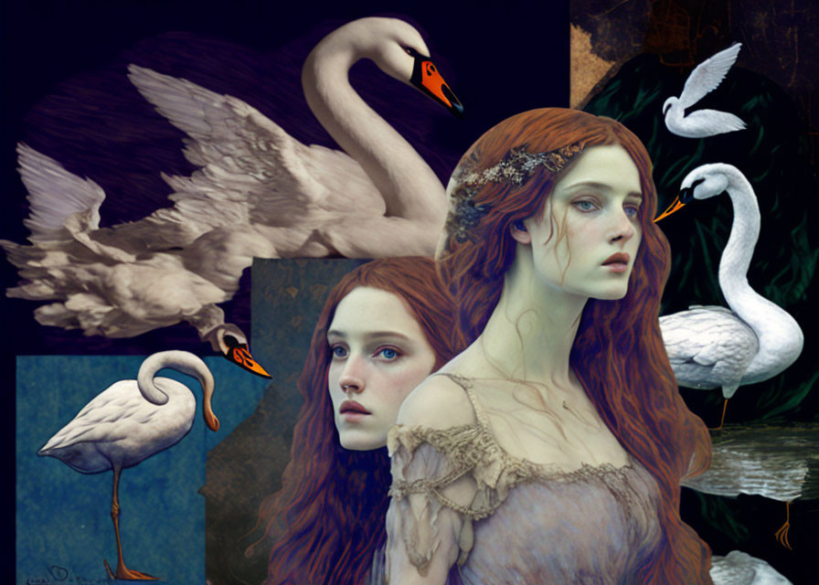 Surreal digital collage of woman with red hair and swans on dark backdrop