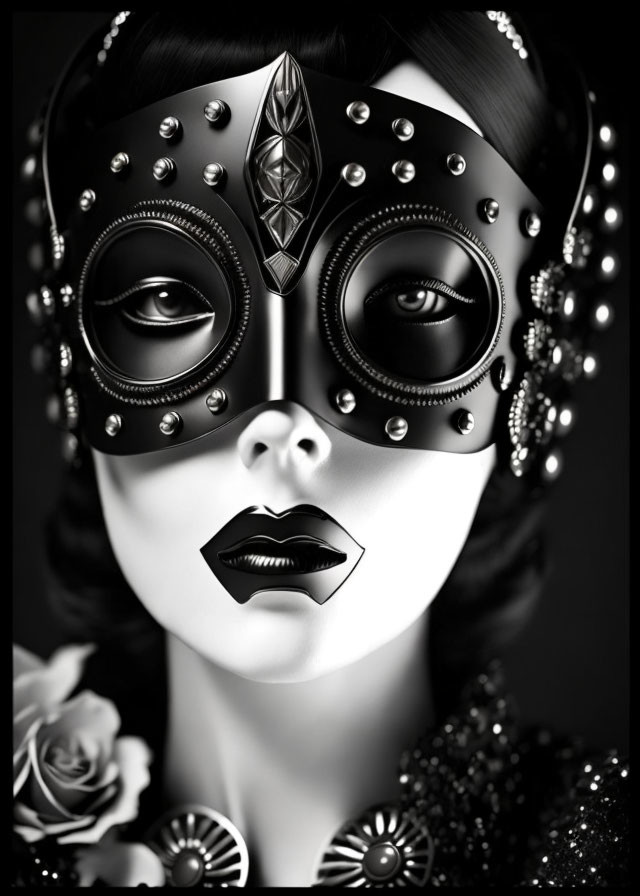 Monochrome image of person in embellished mask with stud details and dramatic makeup