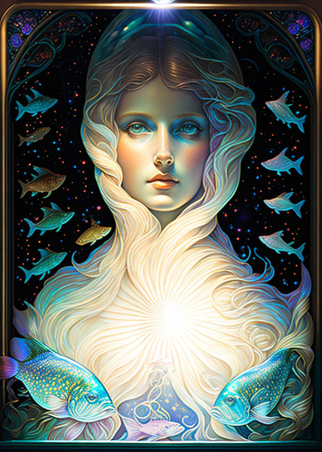 Ethereal woman with fish and cosmic elements in vibrant art nouveau illustration