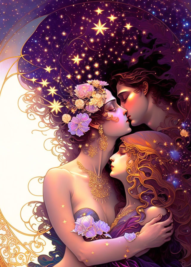 Illustration of intimate embrace in cosmic setting