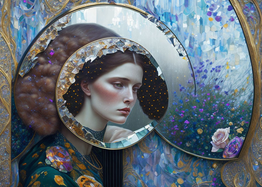 Surreal portrait of a woman in circular frame with mosaic and floral elements