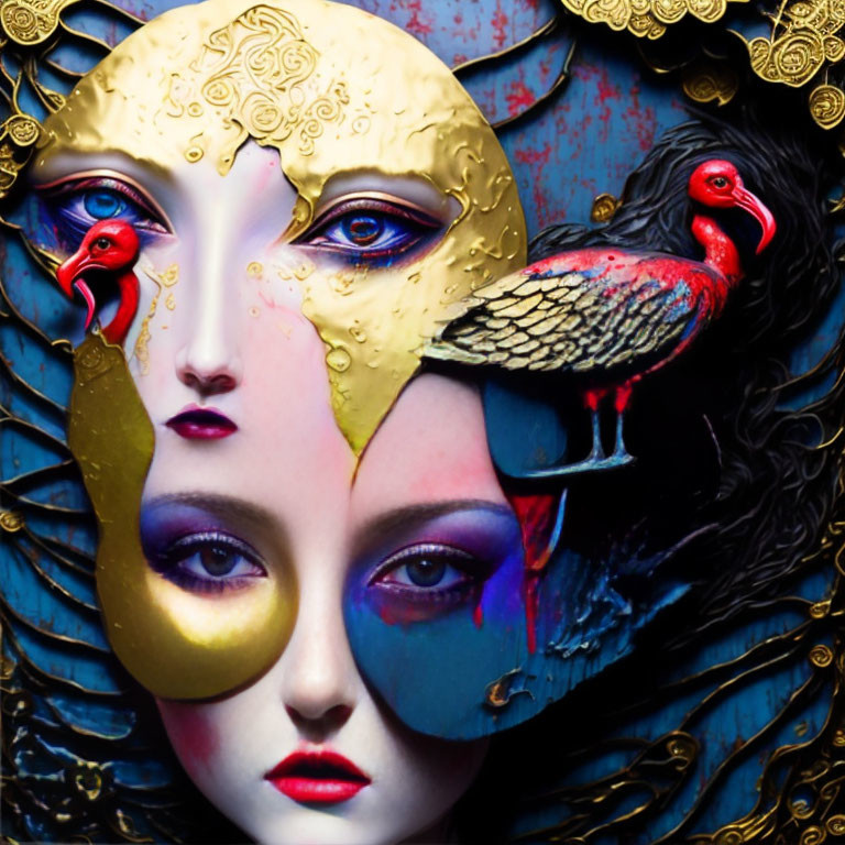 Surreal artwork: Bifurcated face with blue eyes, gold mask, and vibrant