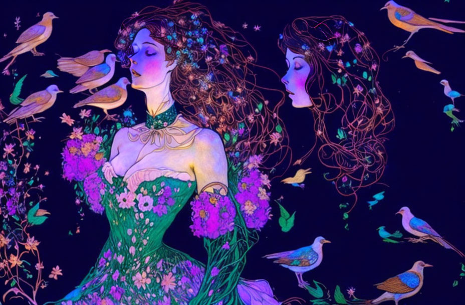 Art Nouveau style illustration of women with flowing hair, birds, and flowers on starry night background