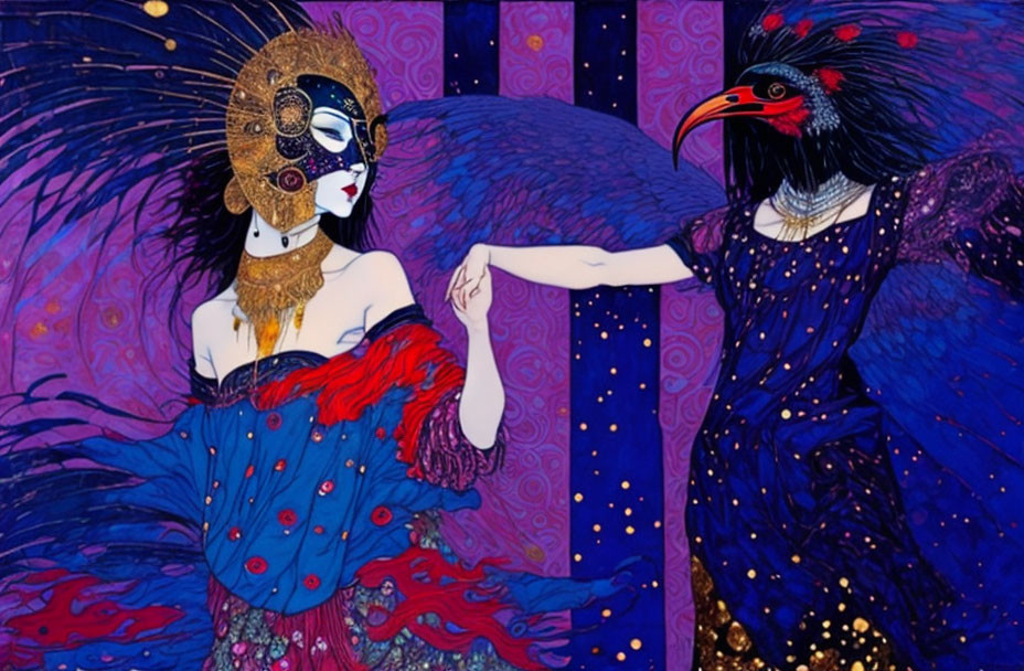 Stylized illustration of masked woman and raven under starry sky