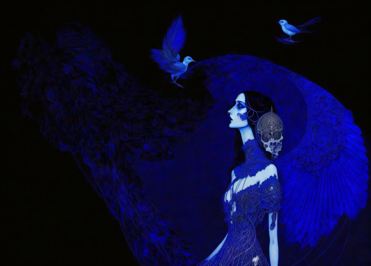 Skull-faced woman in dark dress with blue highlights, surrounded by birds and feathers on black.