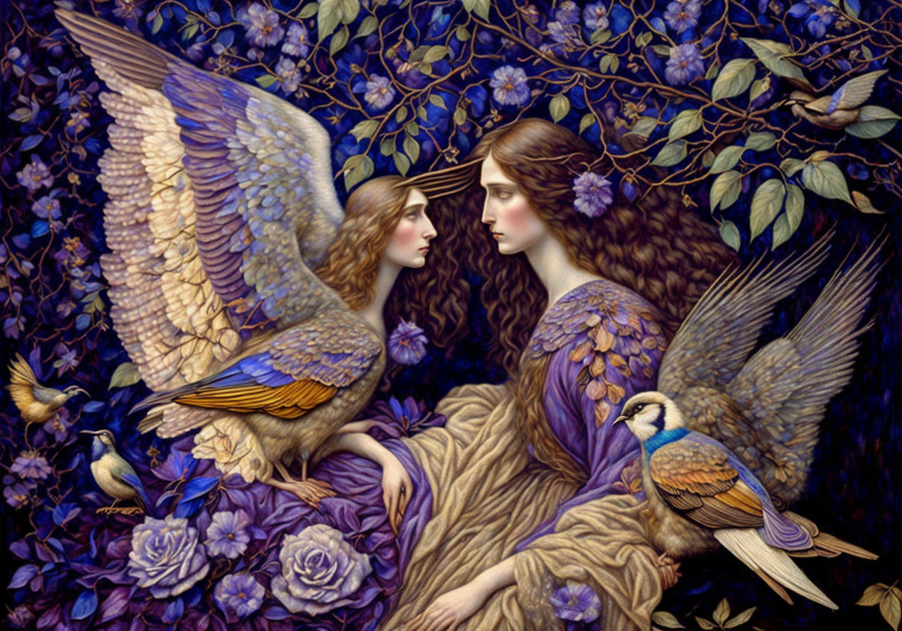 Angelic figures with spread wings in floral setting, bird nearby; tapestry-like artwork.