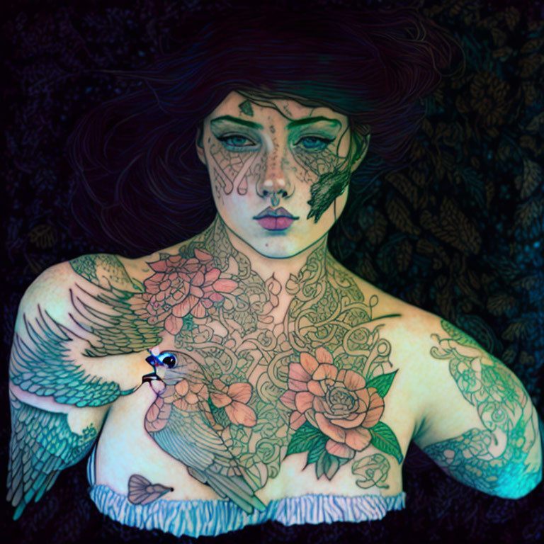 Detailed artwork of woman with floral and bird tattoos on dark background