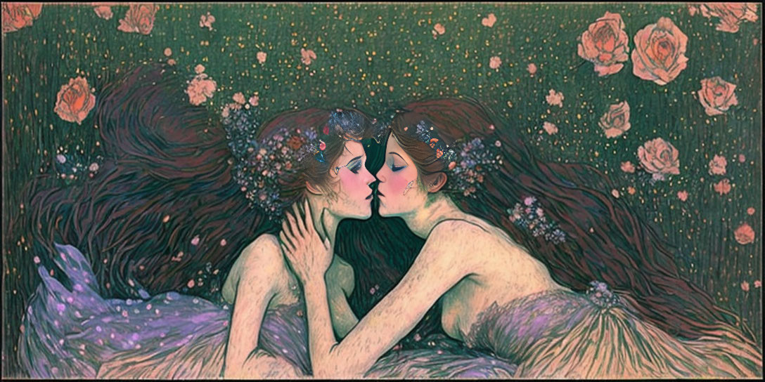 Illustrated women with floral hairstyles kissing under starlit sky