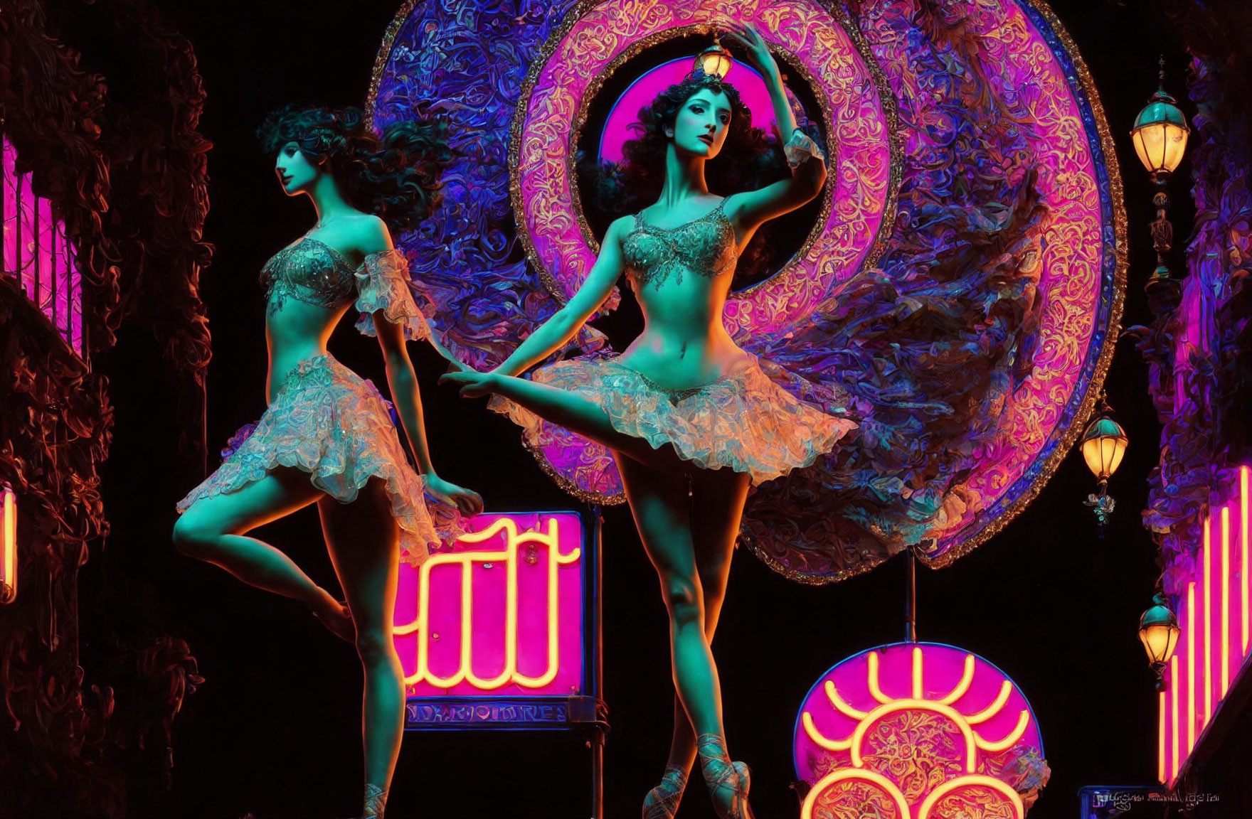 Neon-lit image: Two female dancers in ornate costumes