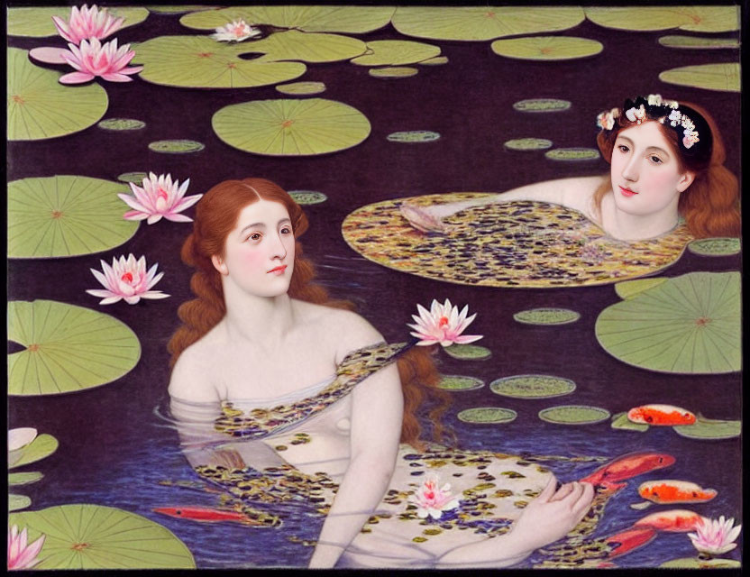 Surrealist artwork: Victorian ladies as swans on pond