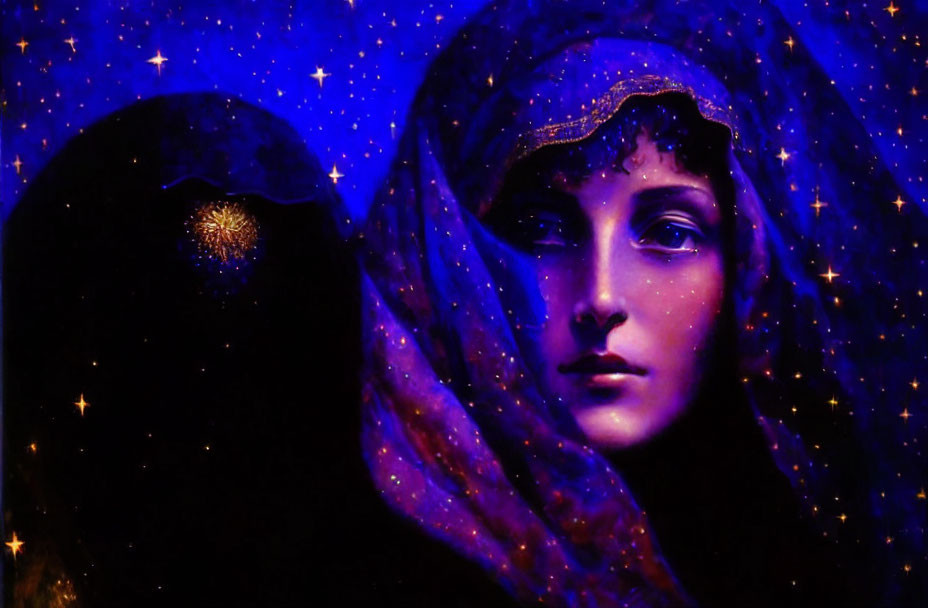 Artwork: Woman's face with cosmic veil and starry background