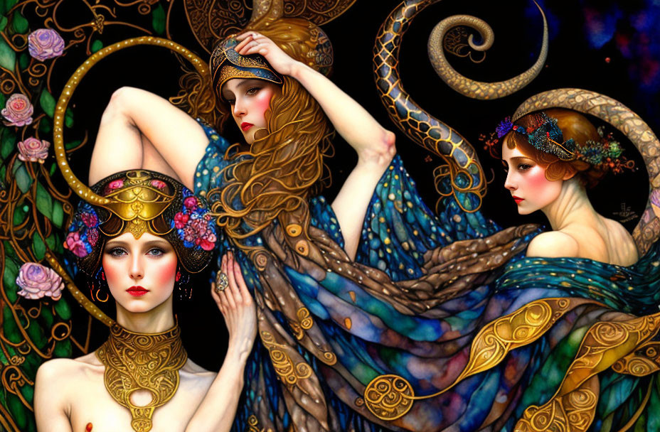 Art Nouveau Style Image of Three Elegant Women in Gold and Jewel-Toned Attire