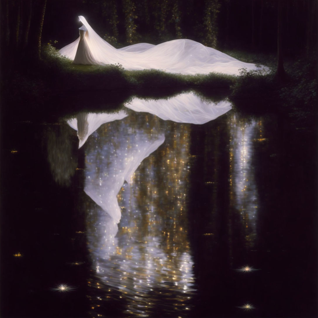 Figure in flowing white garment by dark tranquil water with ethereal reflection.