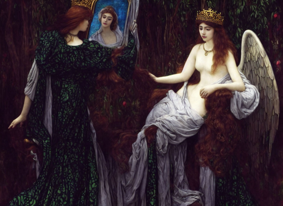 Classical painting: Two crowned women in enchanted forest