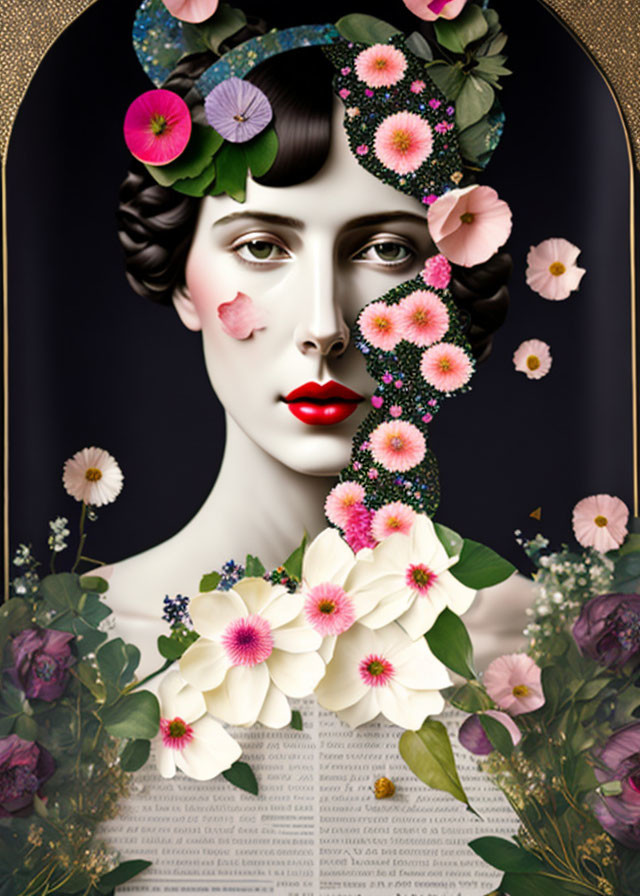 Portrait of woman with blooming flowers and book page overlay