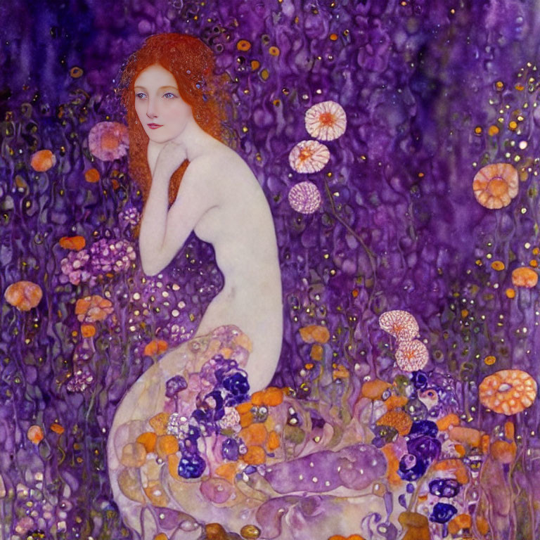 Stylized painting of red-haired woman among floral patterns