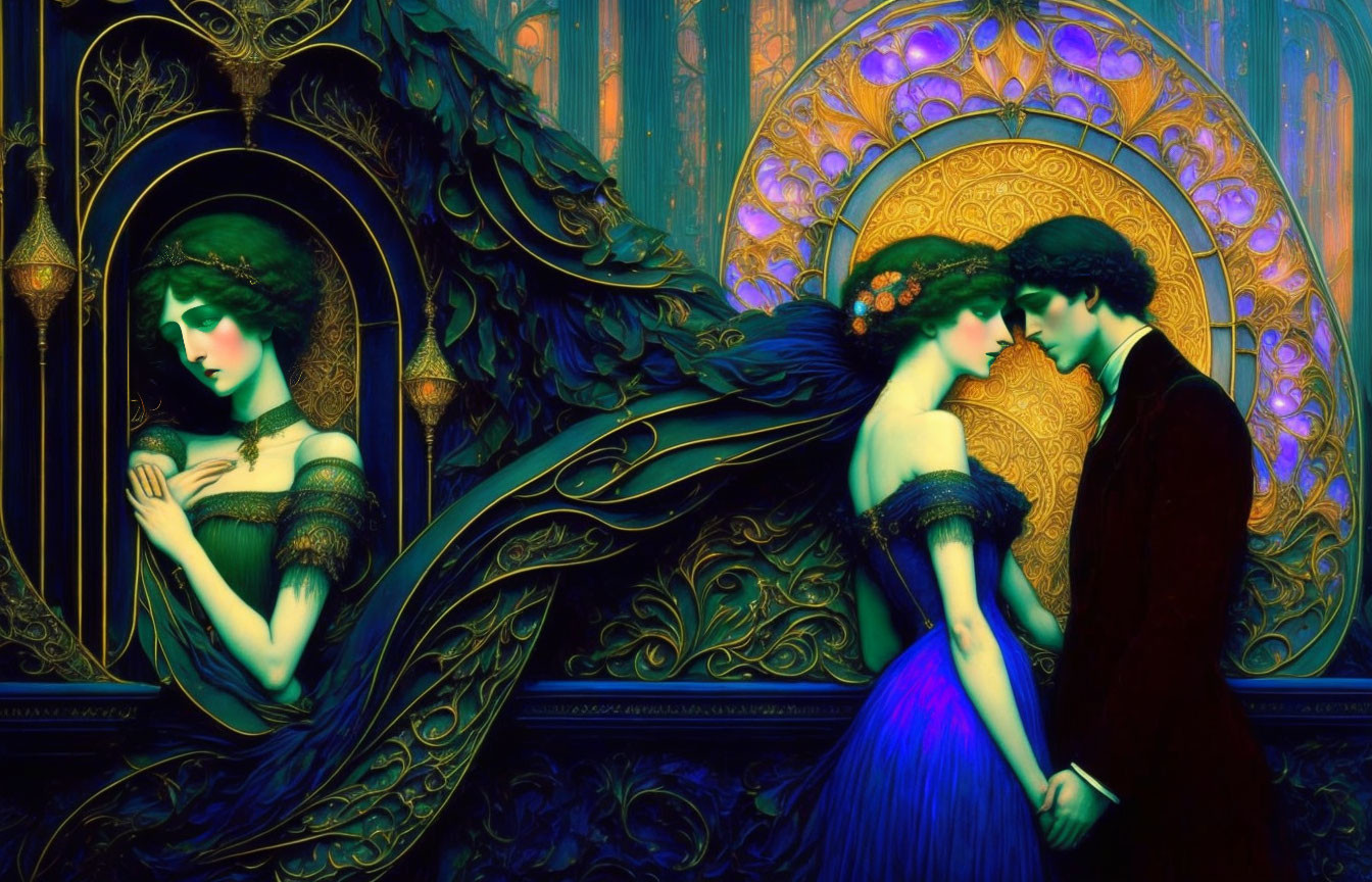 Colorful Romantic Artwork: Embracing Couple & Stylized Female Figure