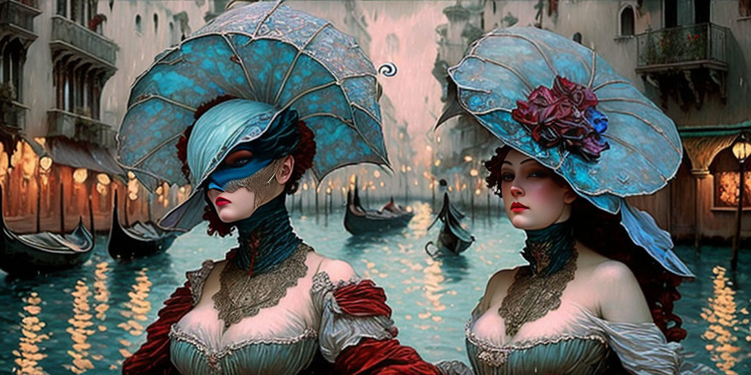 Two women in Venetian costumes with masks by a canal with gondolas