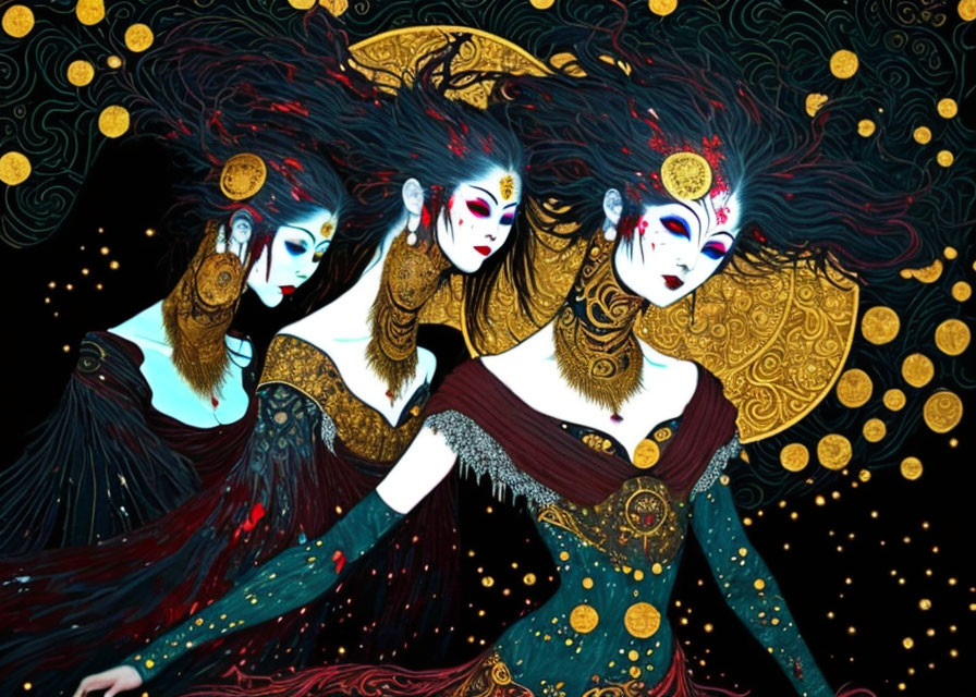 Three figures in gold and blue attire on starry black background