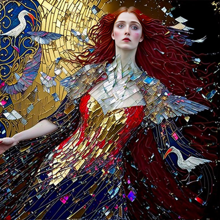 Red-haired woman in shattered stained glass dress against mosaic backdrop