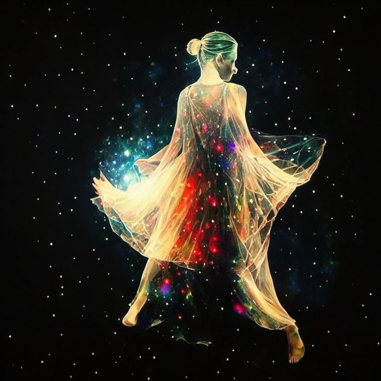 Graceful figure dancing among stars in translucent, starry dress